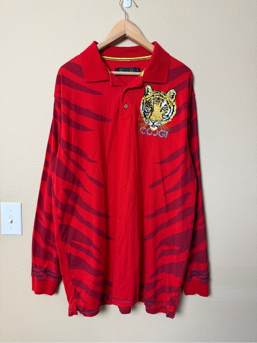 Vintage COOGI Red Tiger Stripe Long Sleeve Polo Shirt Men's XL Embroidered